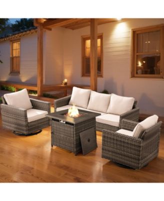 Patio Furniture with Fire Pit 4-Piece Wicker Outdoor Sectional Couch with Swivel Rocking Chairs, Propane Fire Pit Conversation Set