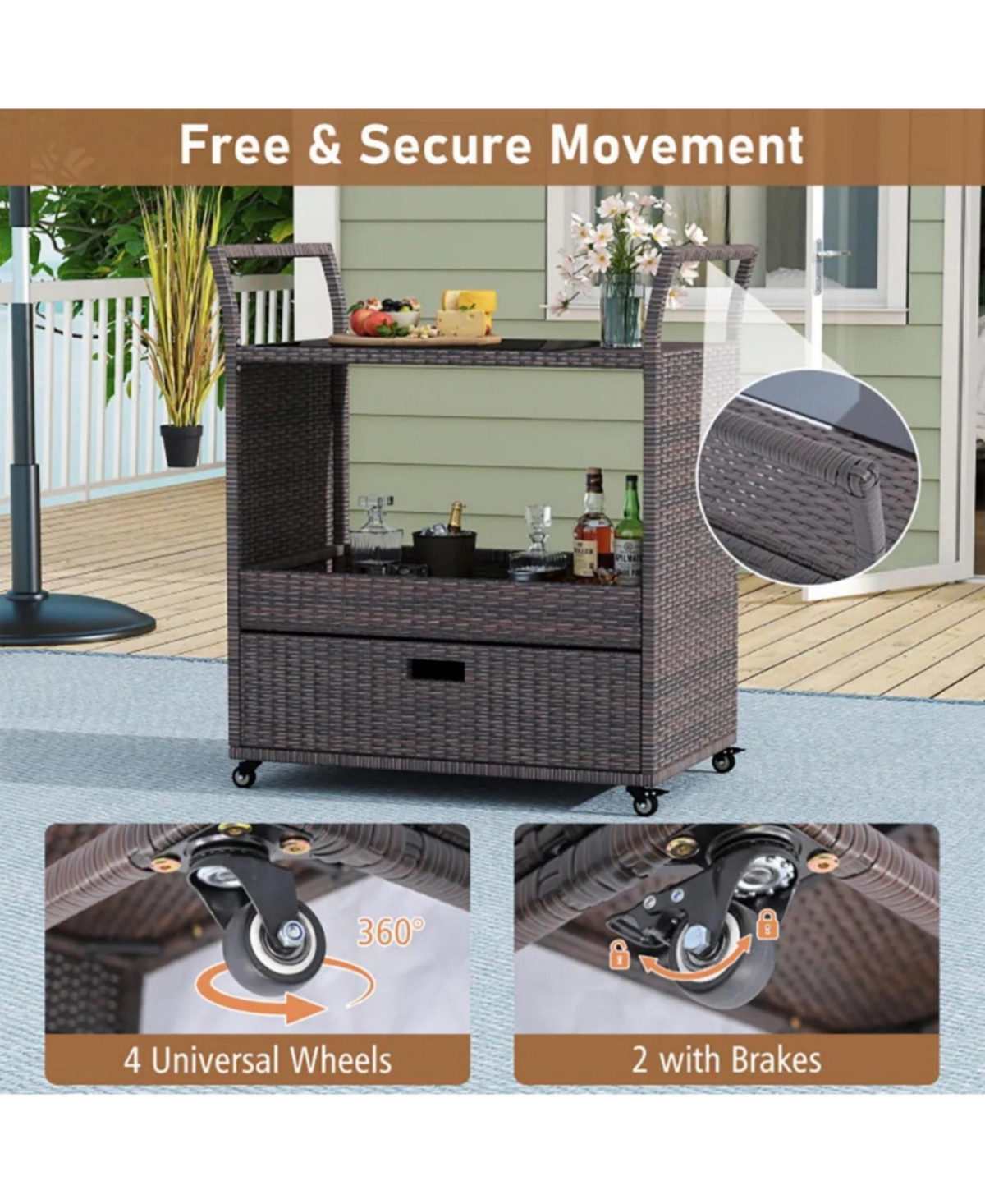Yiortwo Outdoor Wicker Bar Cart with Tempered Glass Top Rolling Patio Serving Cart with Storage Drawer