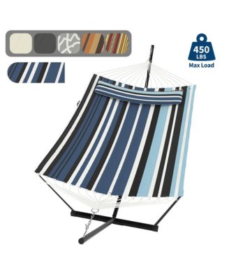 2-person hammock with stand, pillow, and balance rope, supporting up to 450 lbs-ideal for relaxing in outdoor patios or backyards.