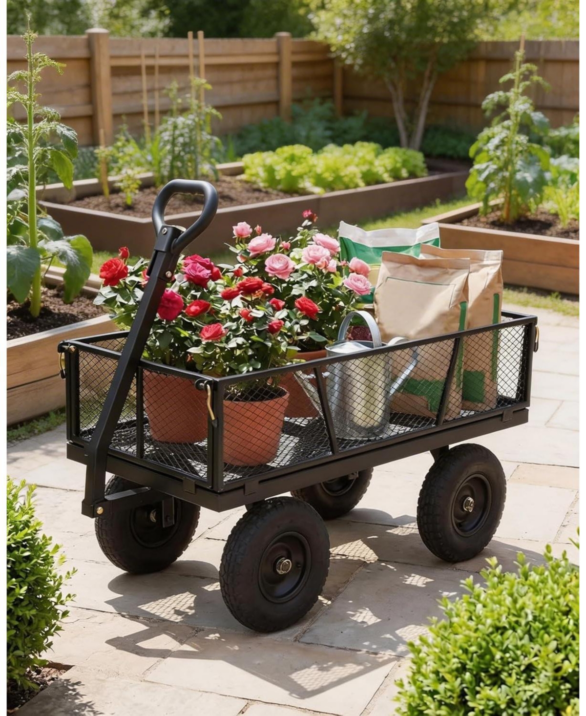 gaomon 800 lbs Heavy Duty Steel Garden Cart with Removable Mesh Sides 10inch All-Terrain Pneumatic Tires Utility Wagon with 180 Rotating