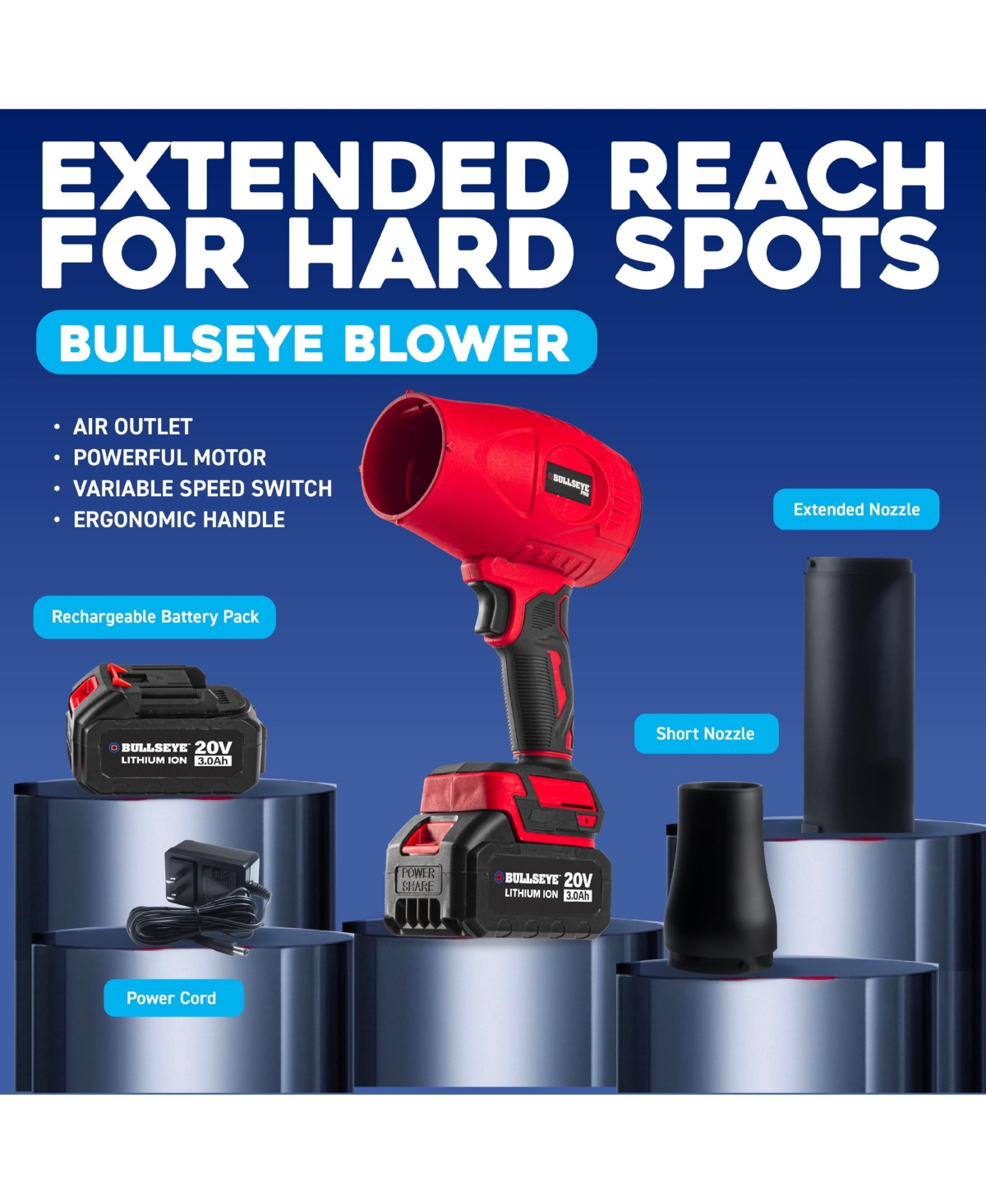 Bullseye Blower 20V Rechargeable Cordless Leaf Blower Dust Air Snow Blower 24,000 Rpm Handheld Electric Blower with Battery and Charger