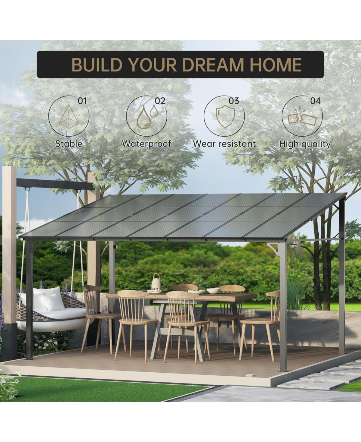 gaomon 10 x 20 Feet Wall-Mounted Hardtop Gazebo with Sloped Roof and Gutters for Patio, Deck, Porch or Backyard
