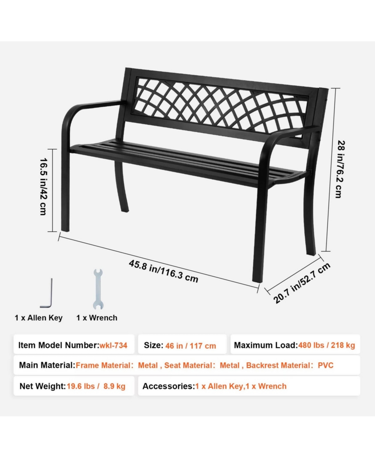 Yiortwo 46 Inch Outdoor Metal Garden Bench with Backrest and Armrests