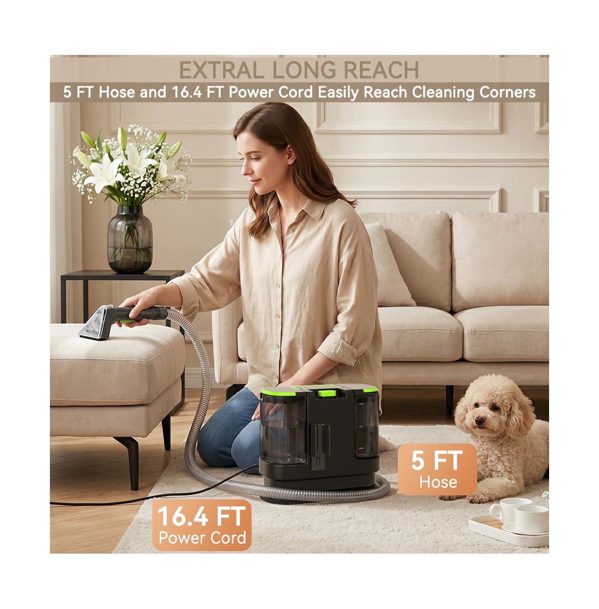 Topteng 800W Portable Carpet Cleaner with 16KPA Suction and Dual Tank for Home and Auto