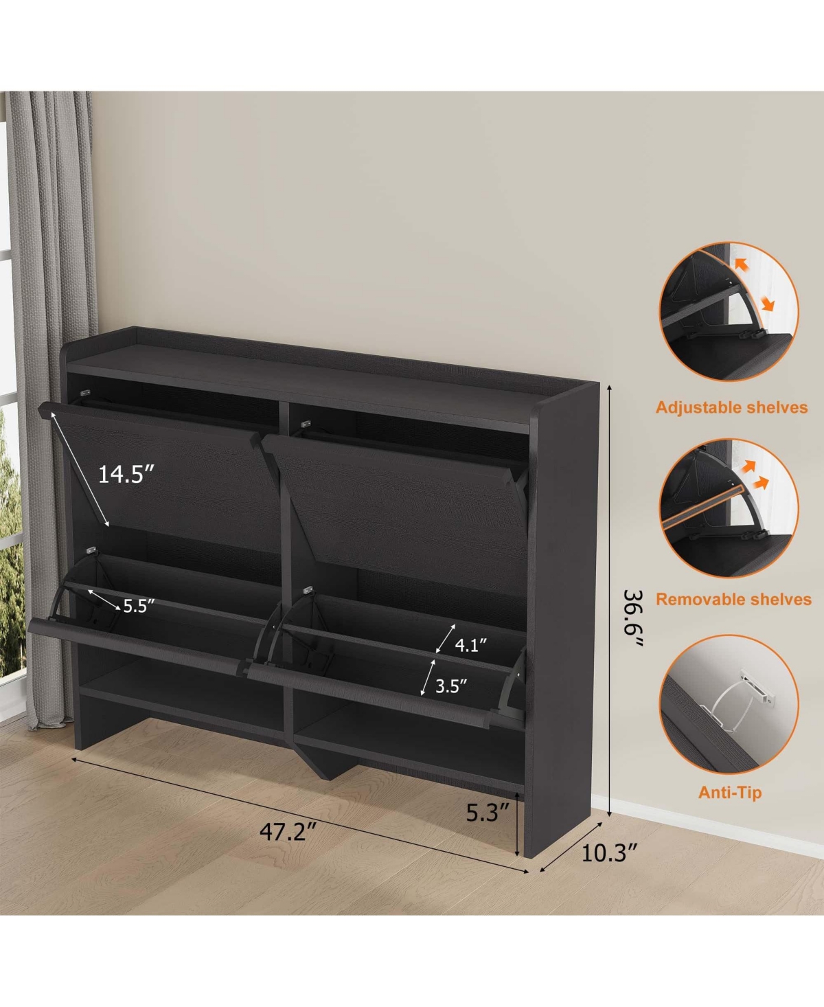 gaomon Entryway Wooden Shoe Cabinet, 4 Flip Drawers, Adjustable Shelf Organizer