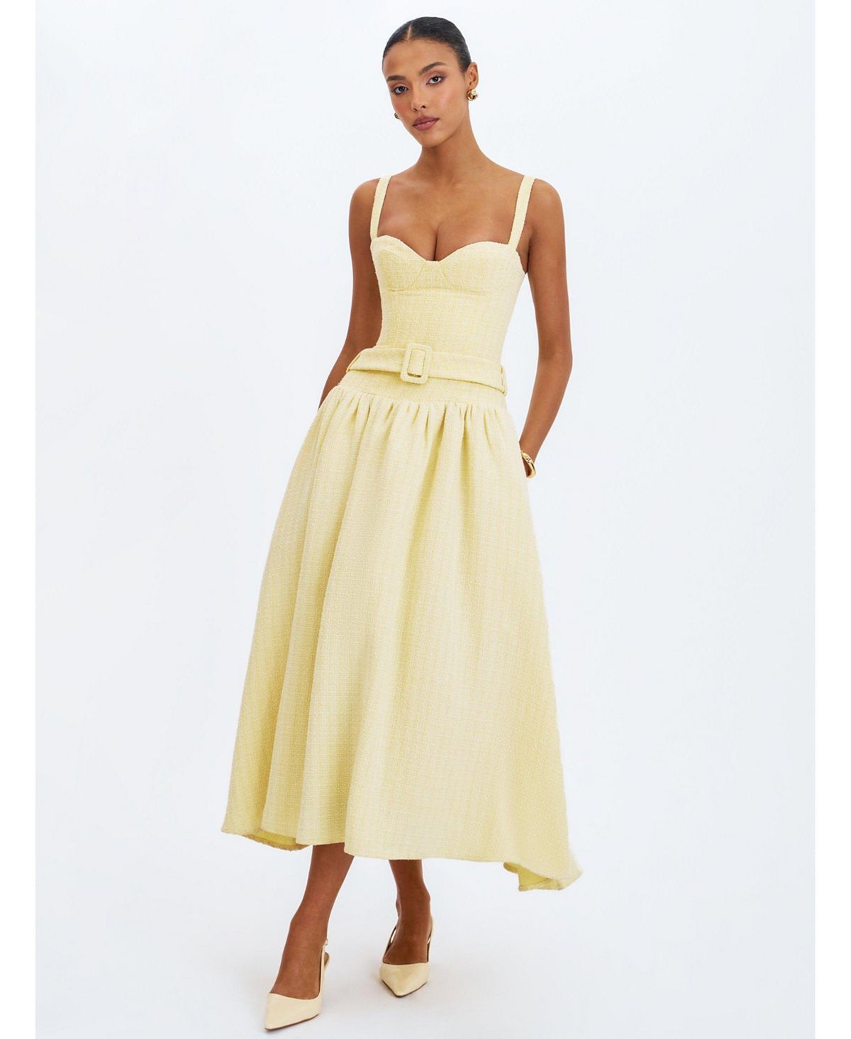 Miss Circle Women's Tiana Butter Yellow Sweetheart Belted Midi Dress view 2 — MAYCSS fashion products