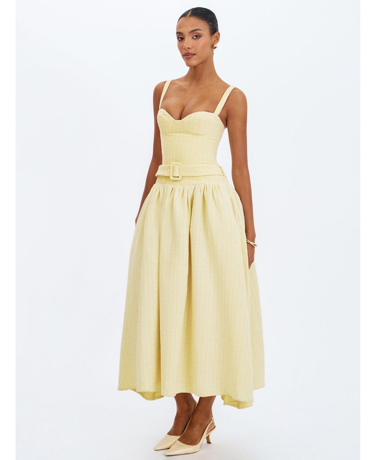 Miss Circle Women's Tiana Butter Yellow Sweetheart Belted Midi Dress view 7 — MAYCSS fashion products