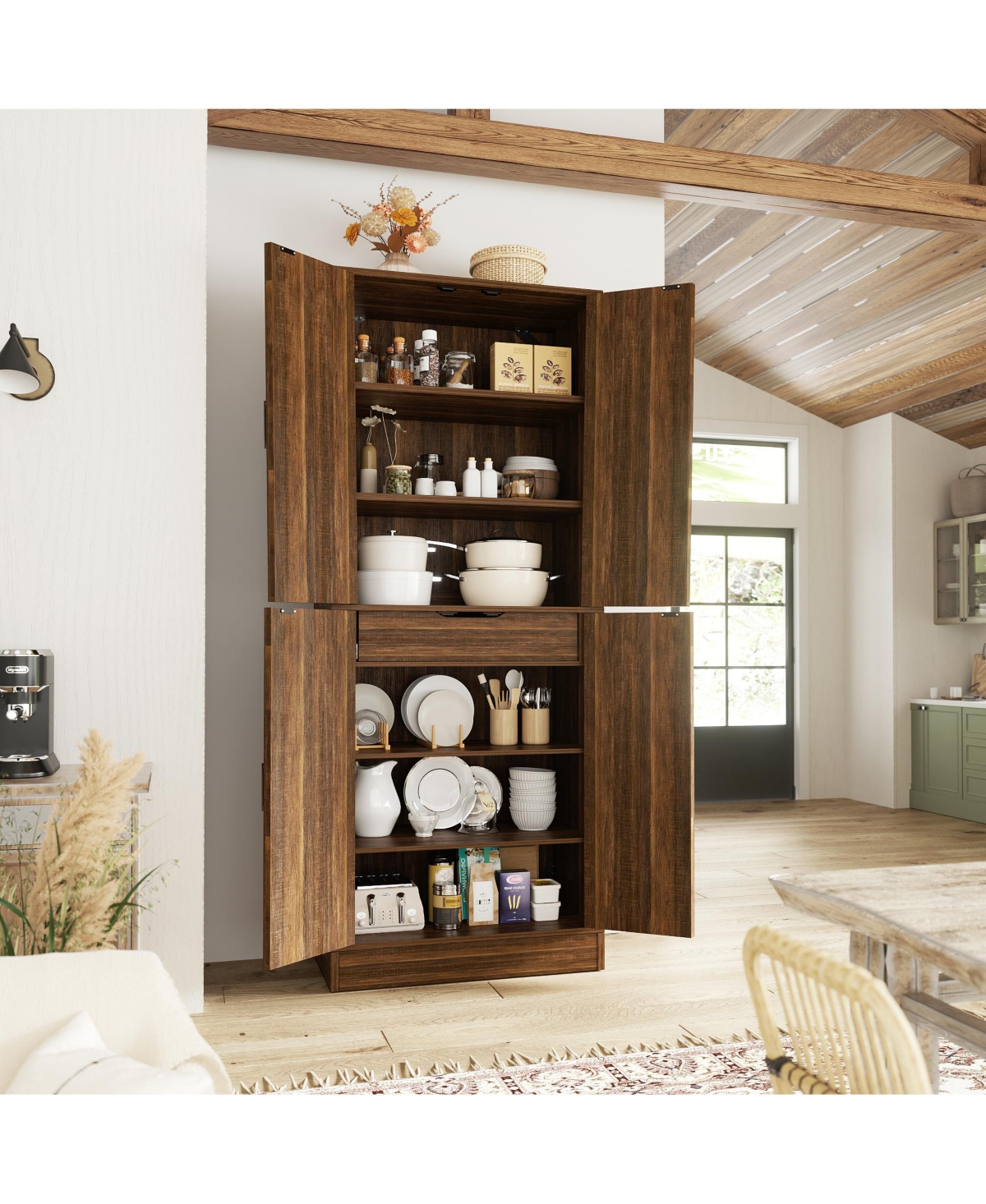 Aheaplus 71" Freestanding Kitchen Pantry Cabinet with 4 Doors, Large Storage Cupboard Drawer and Shelves