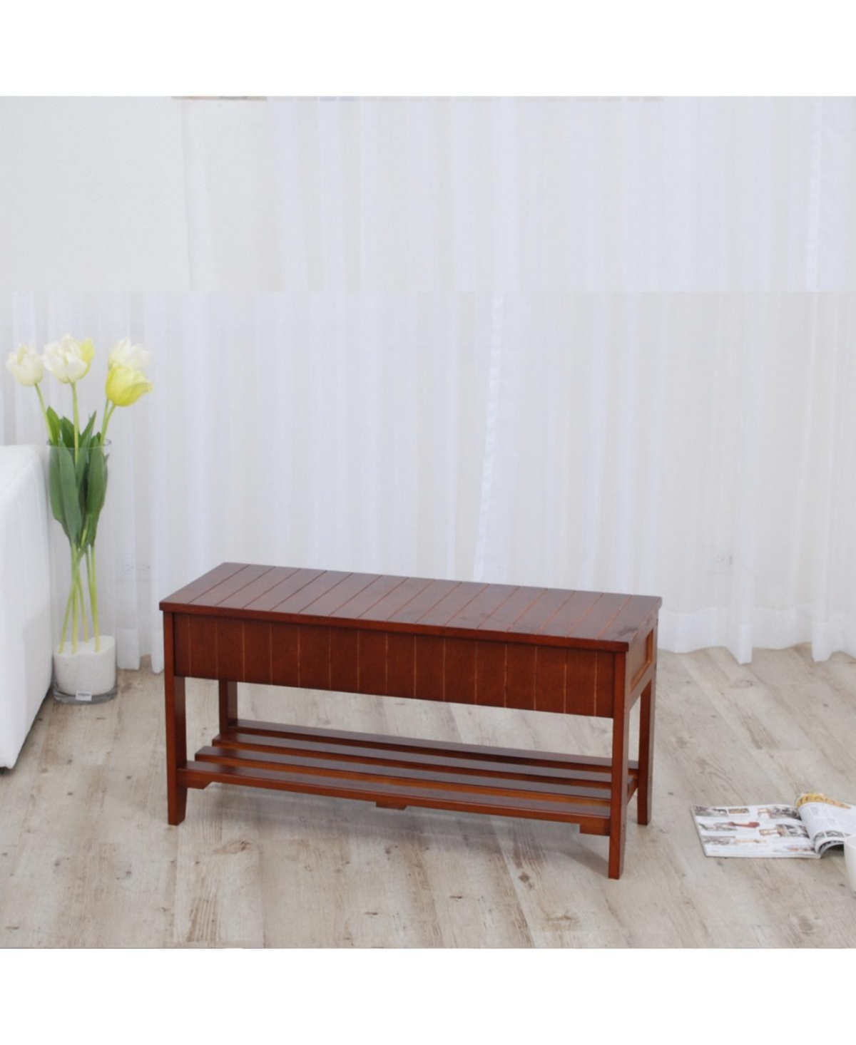 Flynama Cherry Solid Wood Storage Shoe Bench