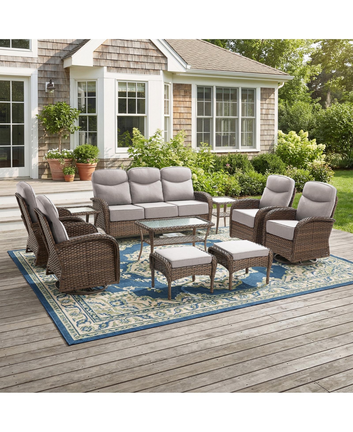 Pocassy Luxury Patio Furniture Set with Thick Cushion, Outdoor Couch and High Back Swivel Rocker Chairs, 10PCS Wicker Conversation