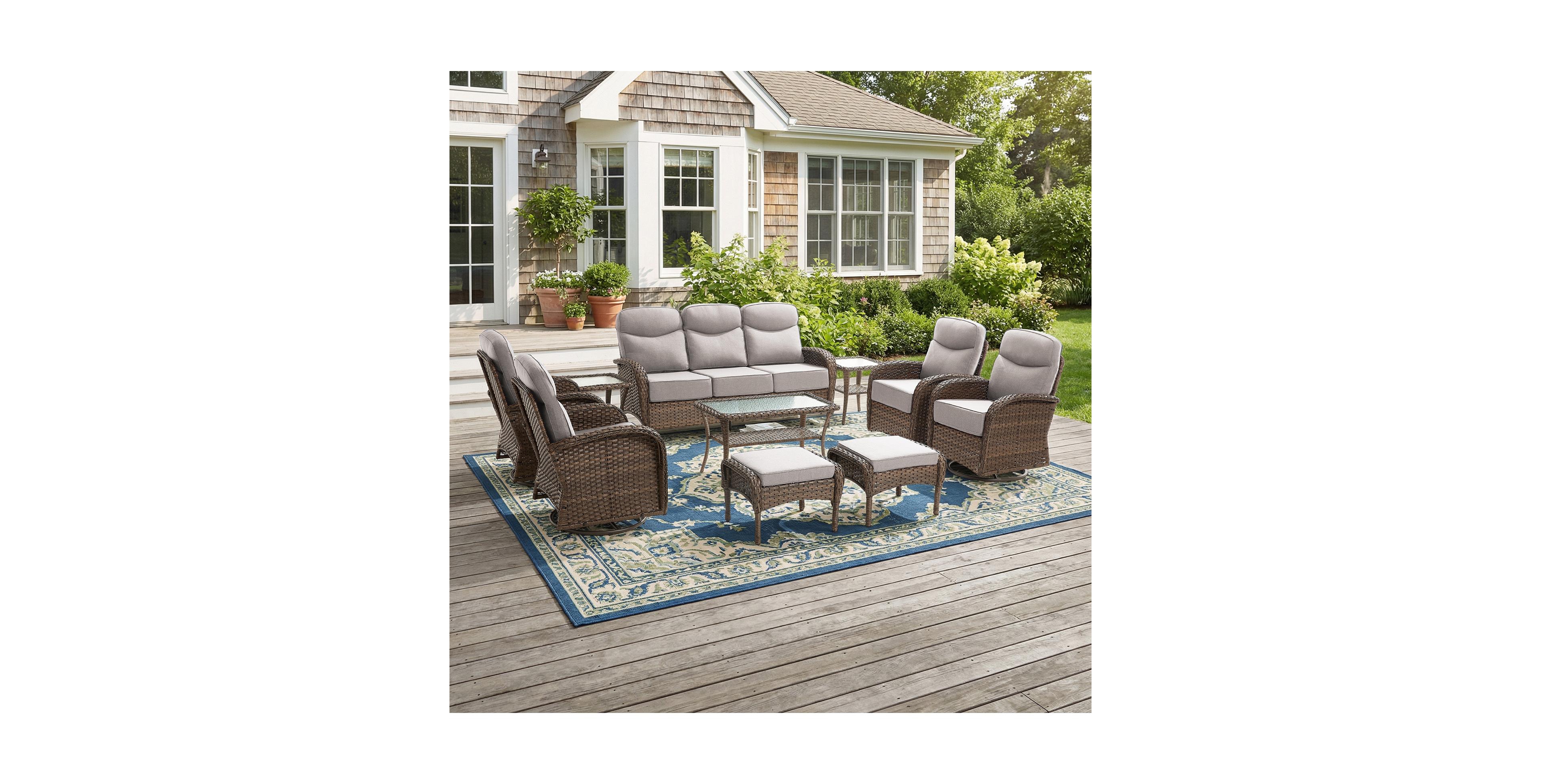 Pocassy Luxury Patio Furniture Set with Thick Cushion, Outdoor Couch and High Back Swivel Rocker Chairs, 10PCS Wicker Conversation