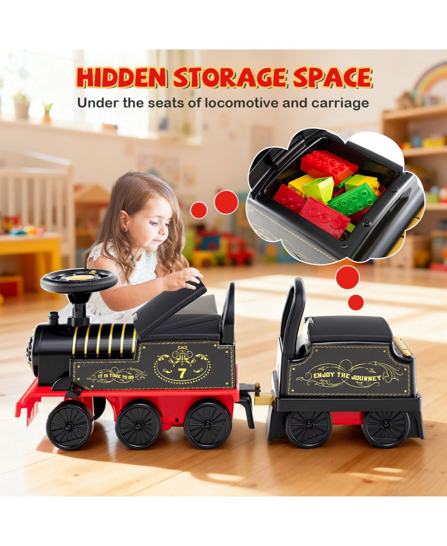 Детская игрушка Gymax Ride on Train 6V Battery Powered Ride on Toy with Under-Seat Storage and Carriage, цвет: Чёрный — фото 8