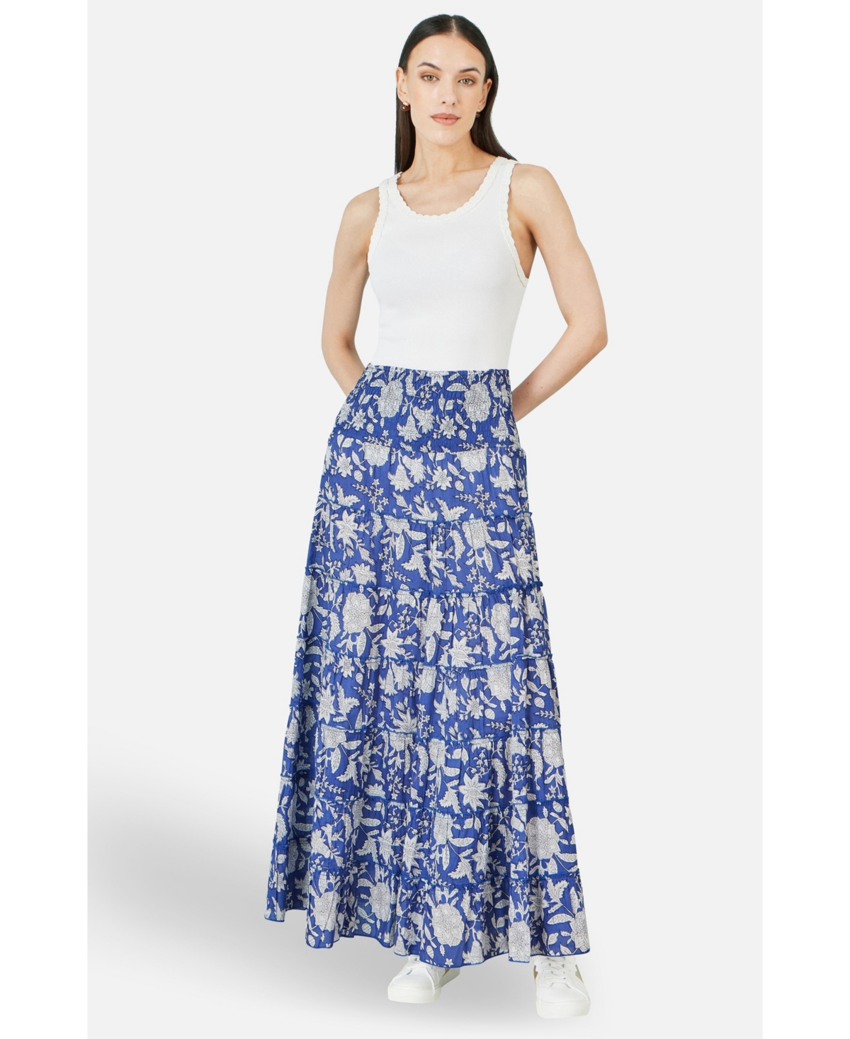 Yumi Women's Floral Cotton Tiered Maxi Skirt