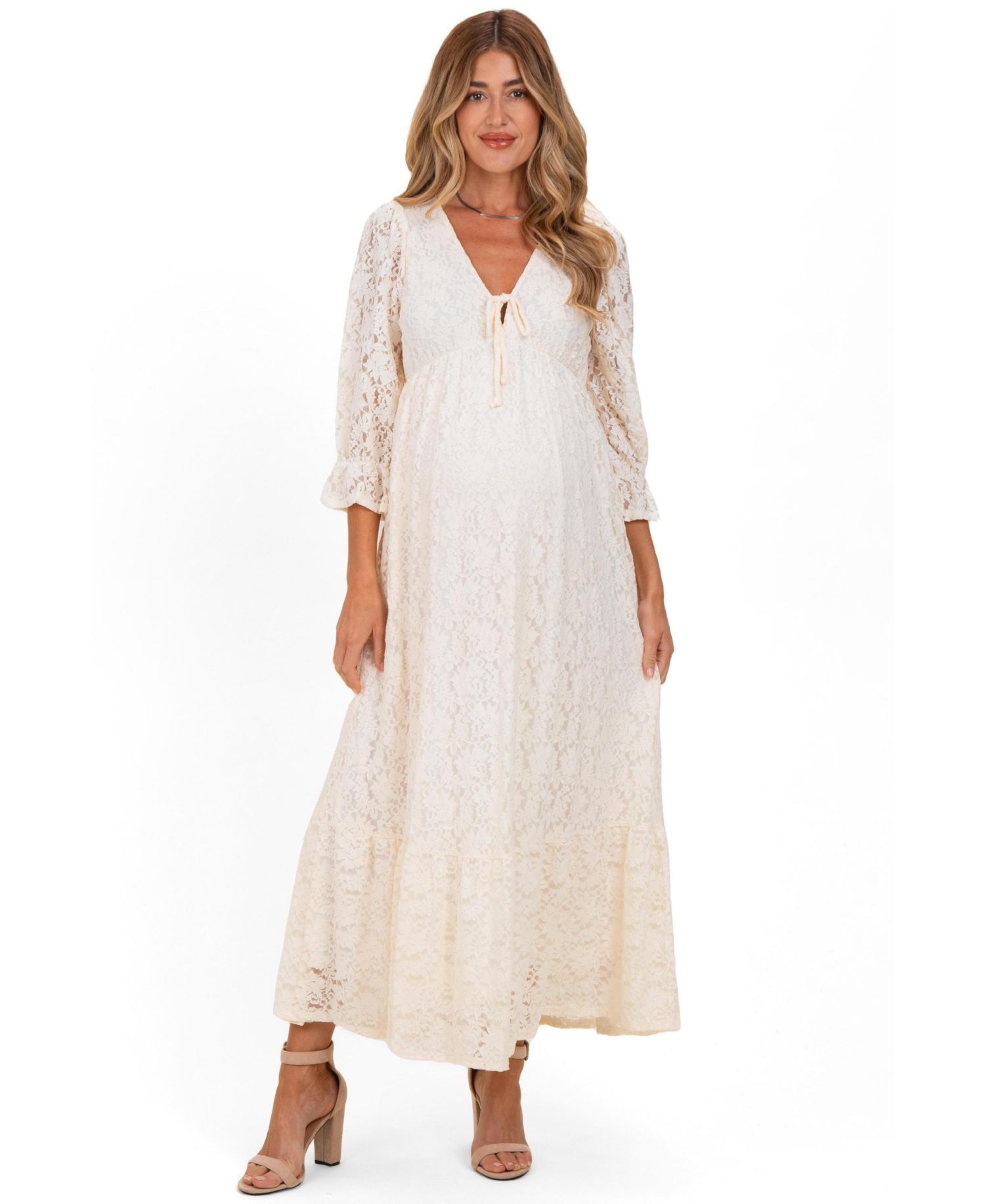 Women's Ivory Floral Lace 3/4 Ruffle Sleeve V-Neck Maxi Dress