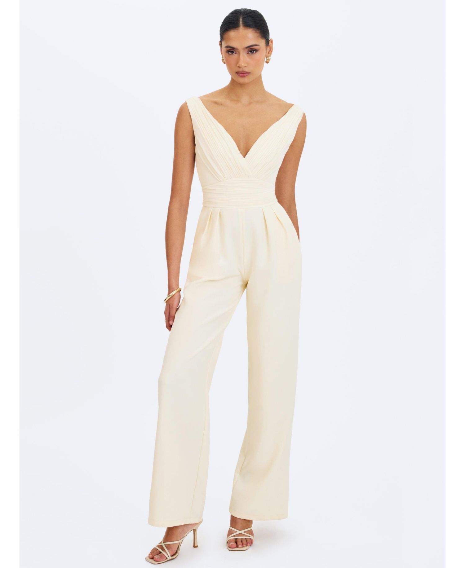 Women's Harper Ivory Ruched V-Neck Jumpsuit with Scarf