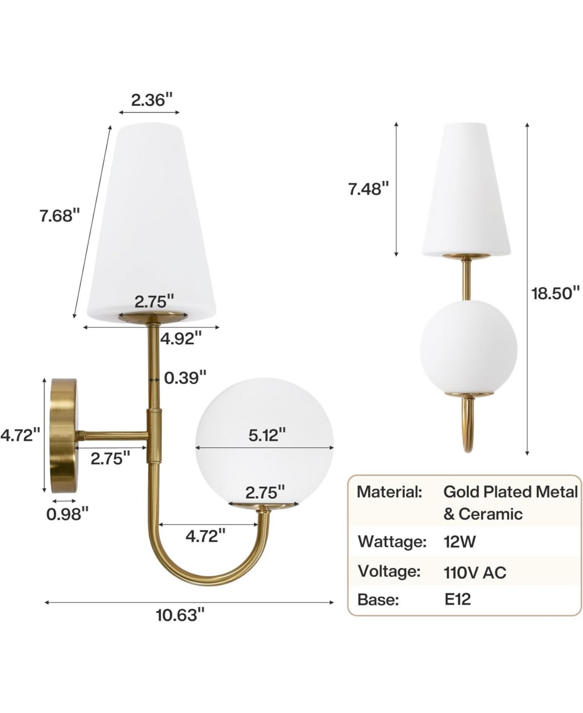 Tribesigns Double-Headed Wall Sconce, Elegant Wall Lamp with Milky Glass Shade, Metal Wall Light Fixtures