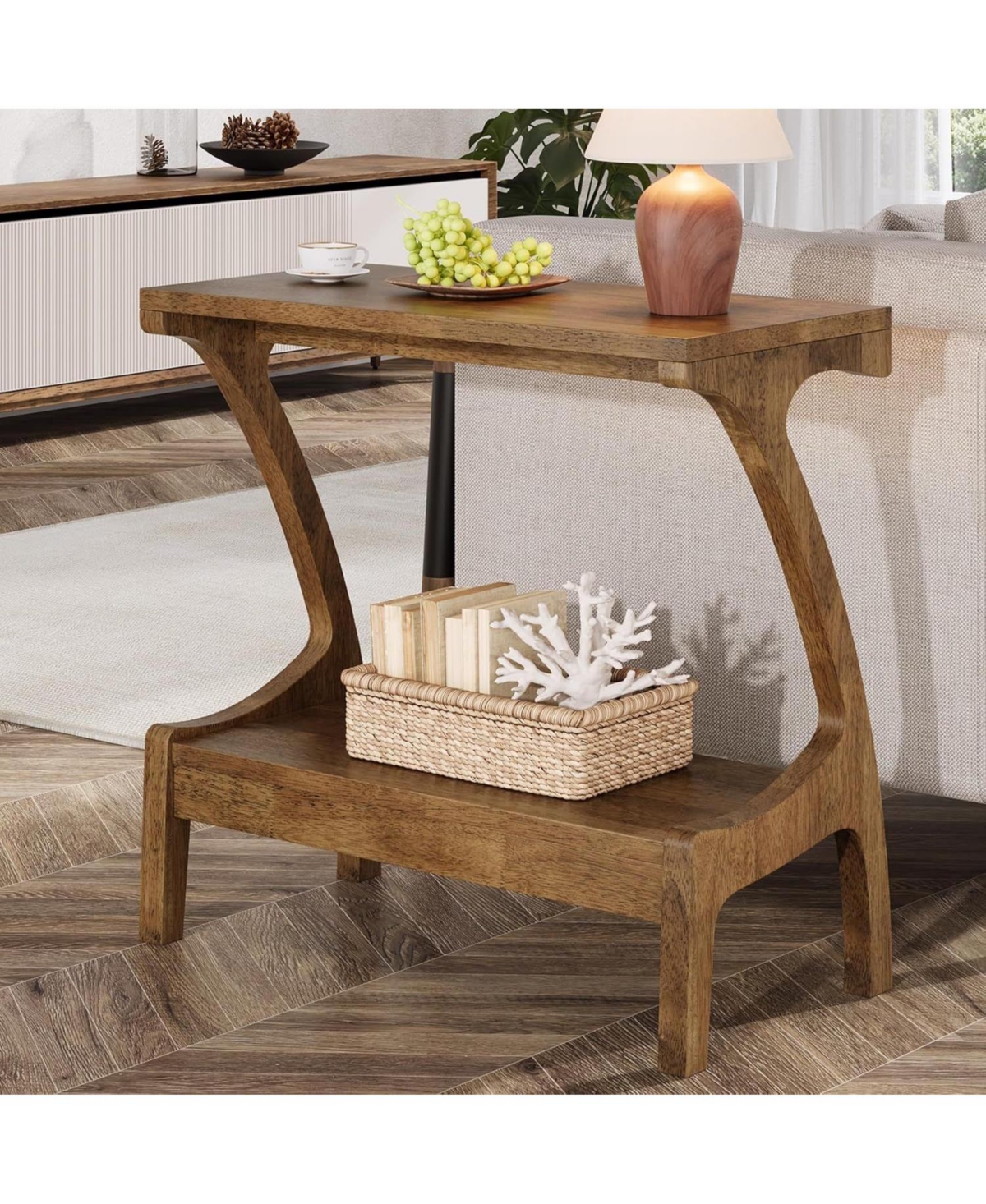 Slickblue Narrow Solid Wood Side Table with Open 2 Tier Storage