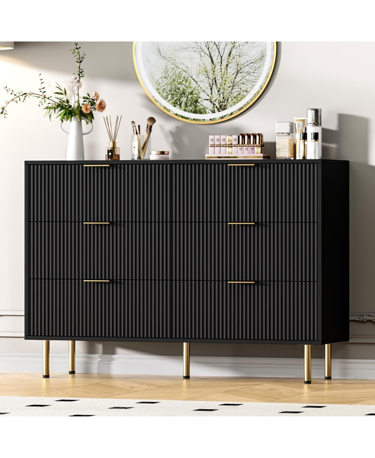 homfan Fluted Wood Dresser 6 Drawers for Bedroom, Large Modern Chest of Drawers, with Faux Marble Top and Handle