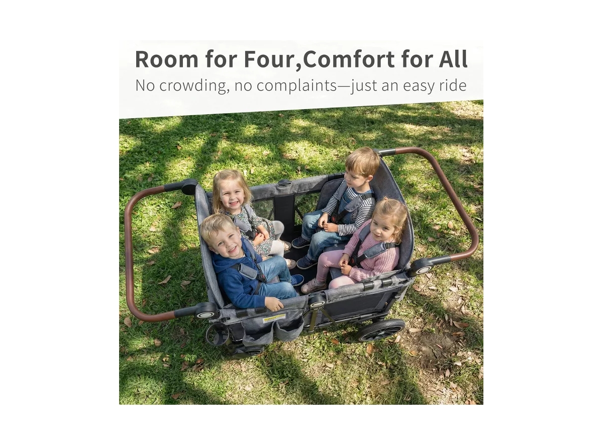 Kinder King Baby All-Terrain 4-Seat Stroller Wagon with Canopy, Shock-Absorbing Wheels, Snack Tray, Storage Bag and Adjustable Handle