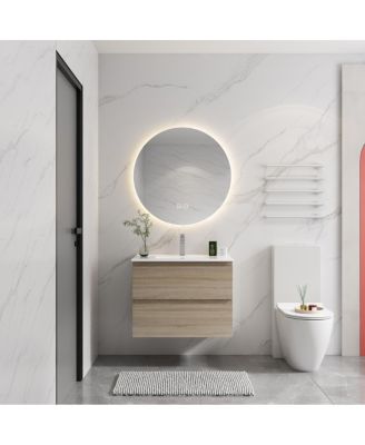 24 Inch Wall Mounted Bathroom Vanity with Ceramic Sink, Soft Close Drawers and Wood Grain Plywood for Modern Bathrooms
