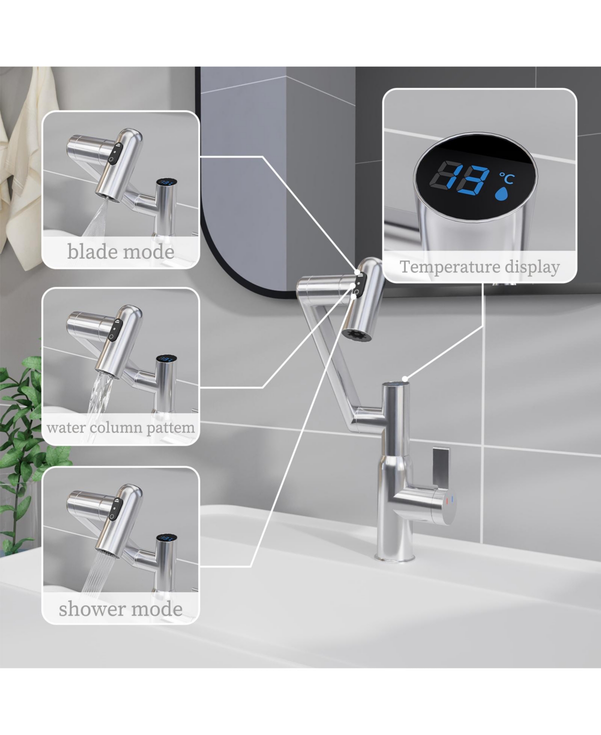 Phying Chrome Bathroom Sink Faucet with Spray Function and Temperature Display for Anti-Skid Switch and Hot and Cold and 360degree(s) Rotary