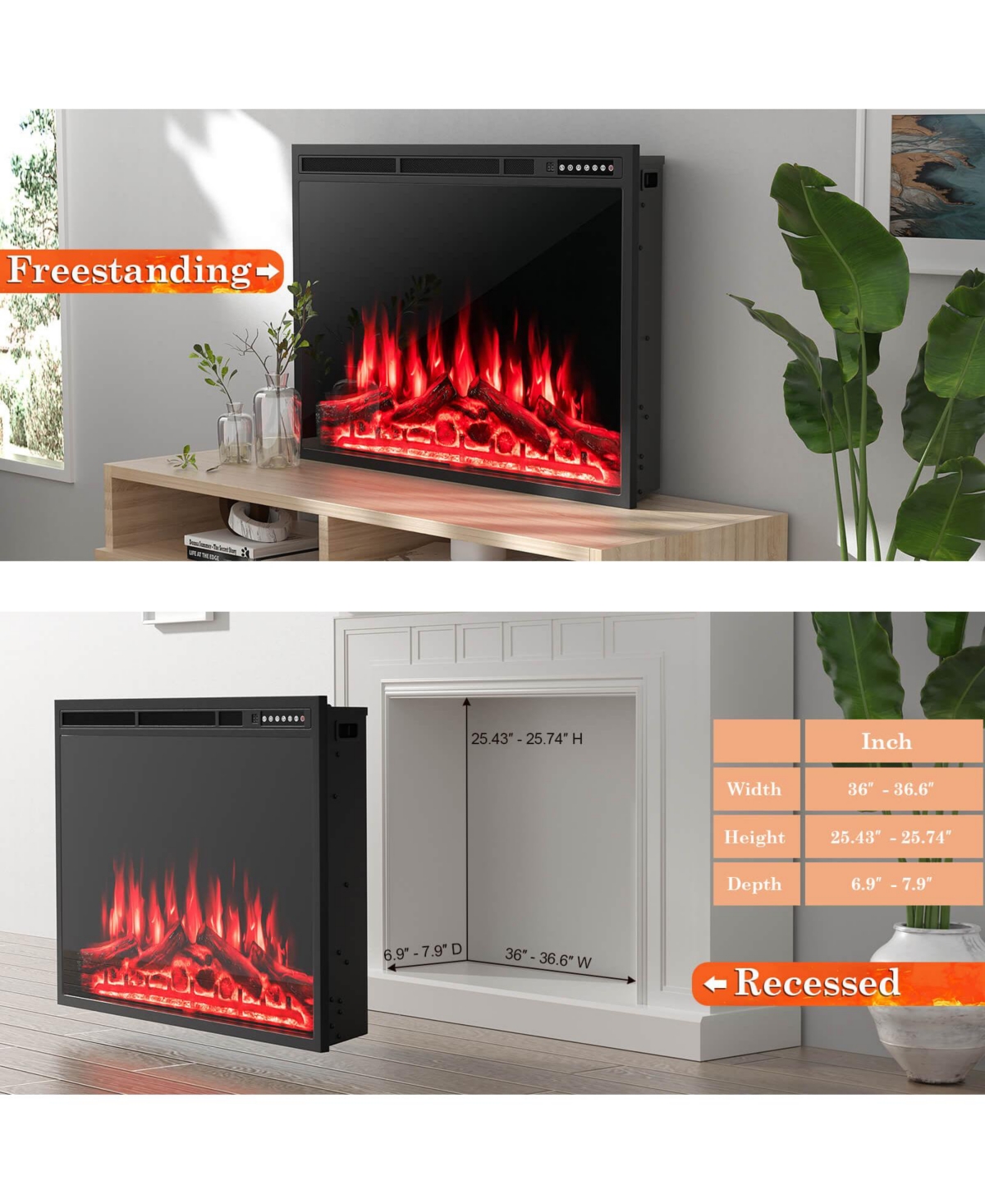 Ecooso Electric Fireplace Recessed with Adjustable Flames