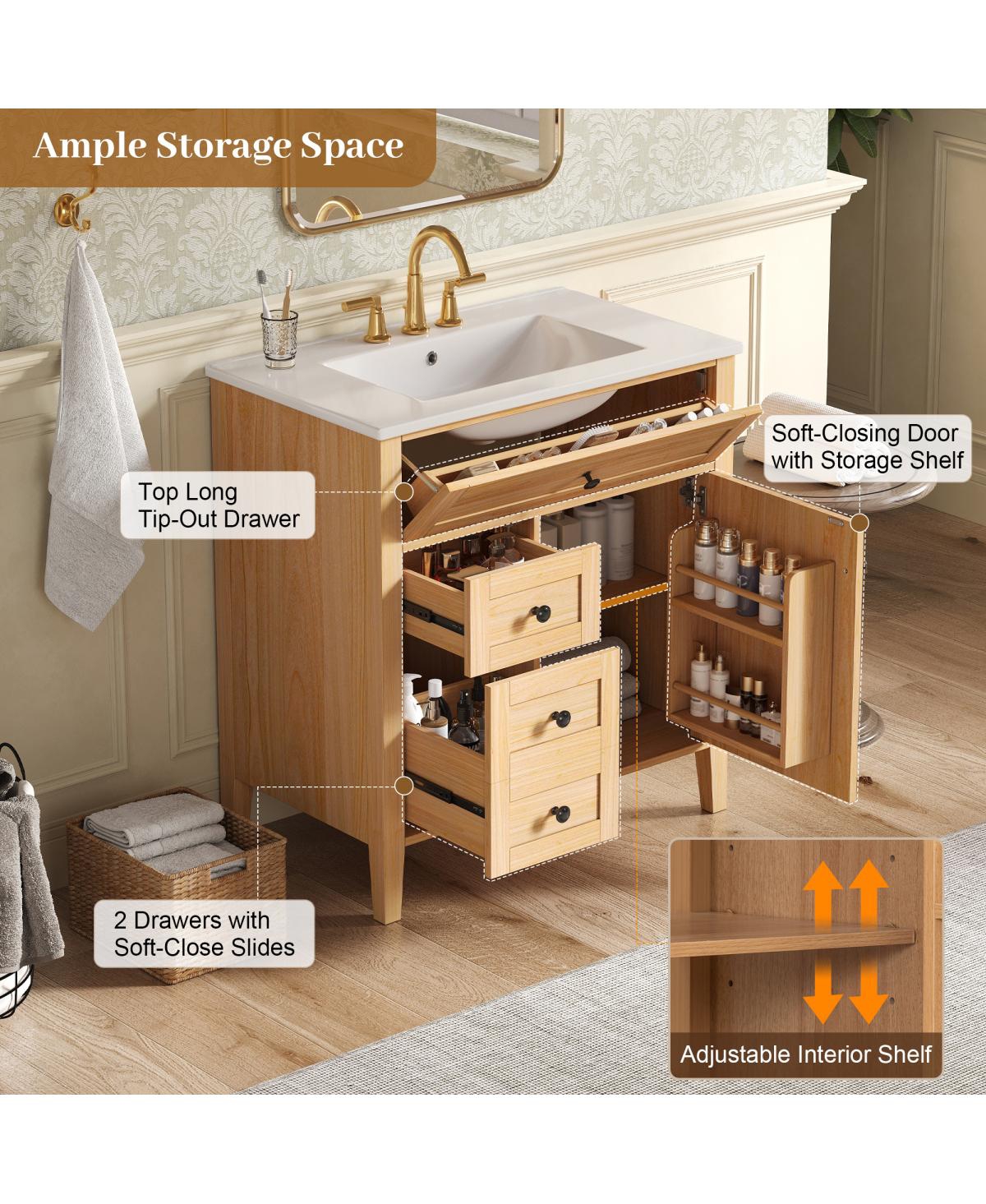 Sillysis 30 Inch Bathroom Vanity with Ceramic Sink, Rustic Wood Grain Cabinet, Soft Close Drawers, Adjustable Storage for Modern Bathrooms