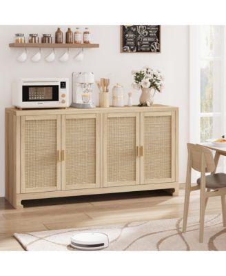 Modern 4-Door Rattan Sideboard, Wooden Accent Buffet Cabinet with Ample Storage for Entryway, Living Room and Dining Room