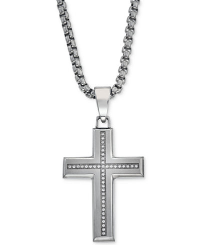 Esquire Men's Jewelry Diamond Cross Pendant Necklace (1/6 ct. t.w.) in Stainless Steel, Only at Macy's