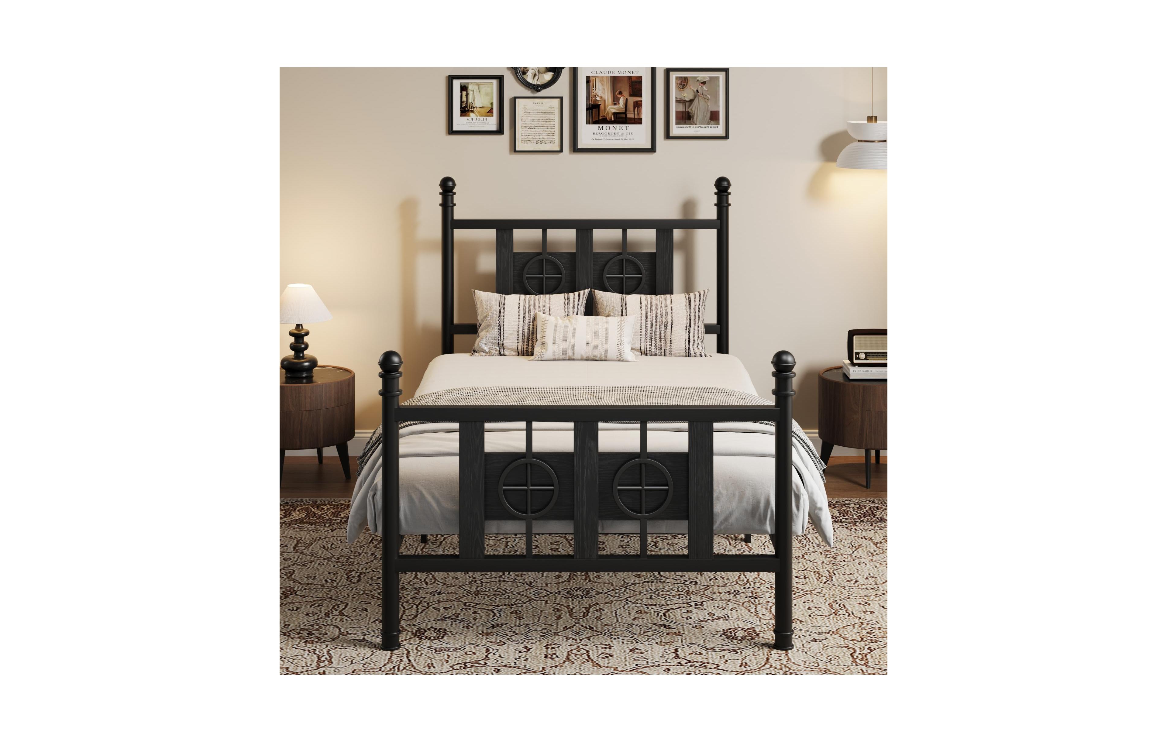 homfan Durable Metal Platform Bed Frame with Retro Circular Design, Headboard and Footboard Included, Underbed Storage Space