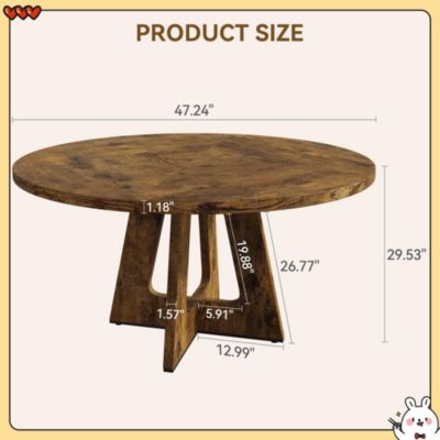 47 Inch Round Farmhouse Dining Table Solid Pedestal Base Wooden Dinner Table For Four Family Members
