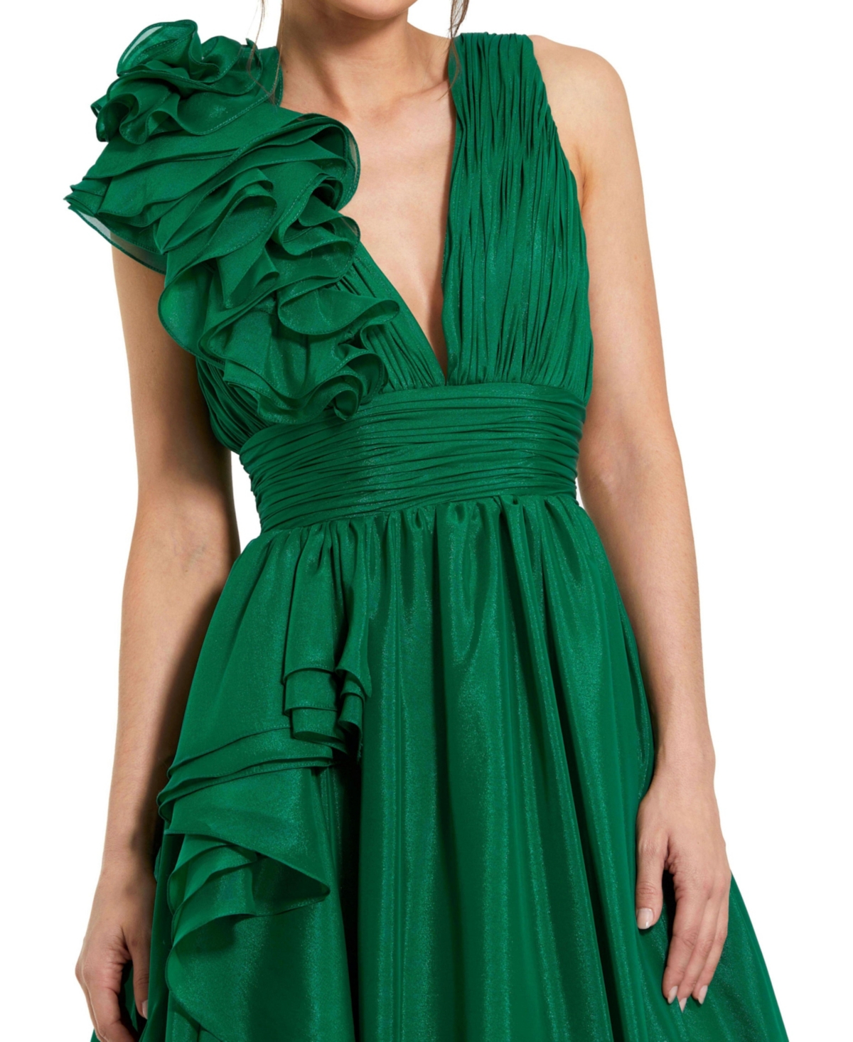 Mac Duggal Petite Ruffle Shoulder V-Neck A-Line Evening Gown