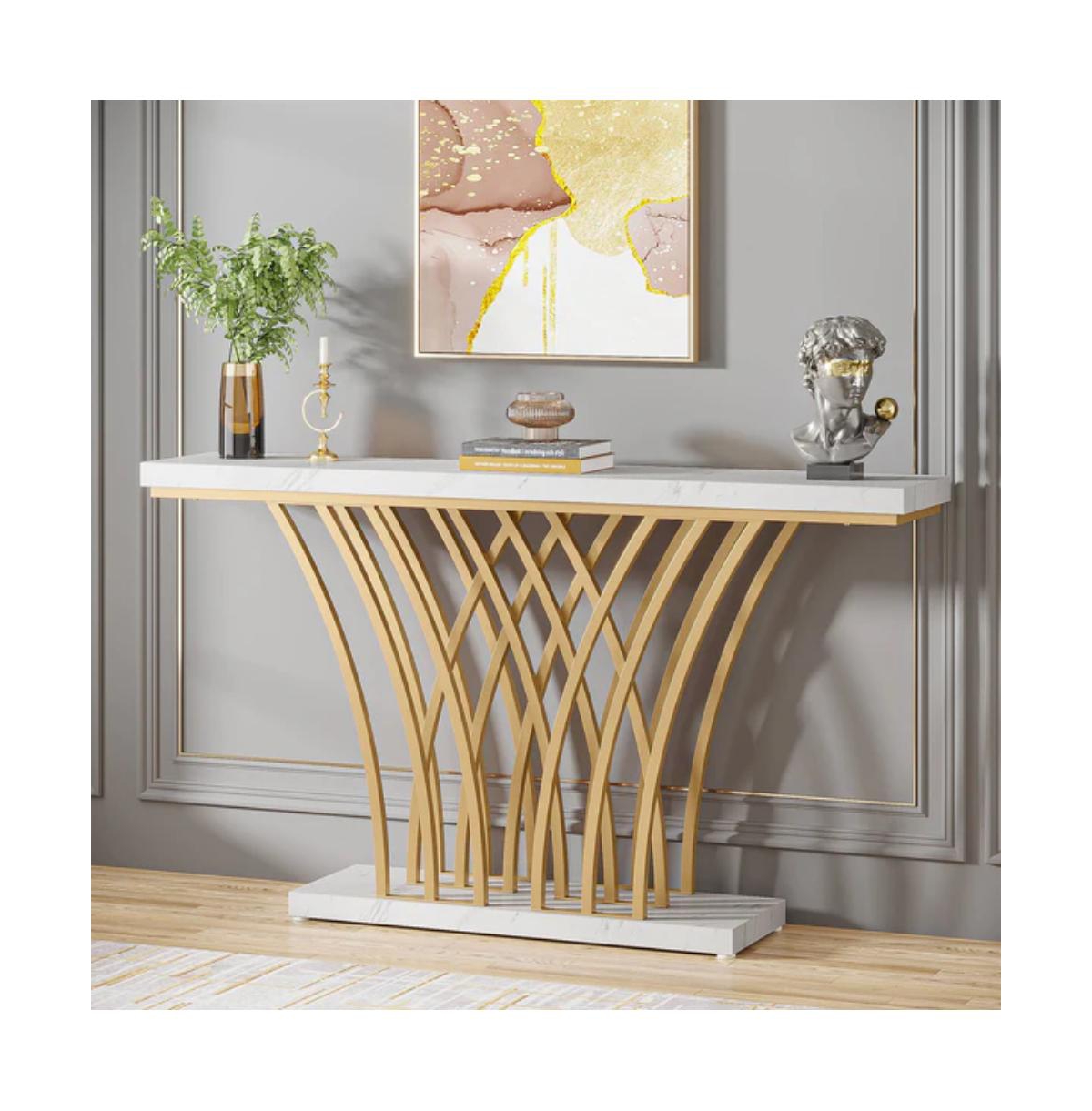 Slickblue Entryway Console Table with Faux Marble Top and Geometric Metal Base Design