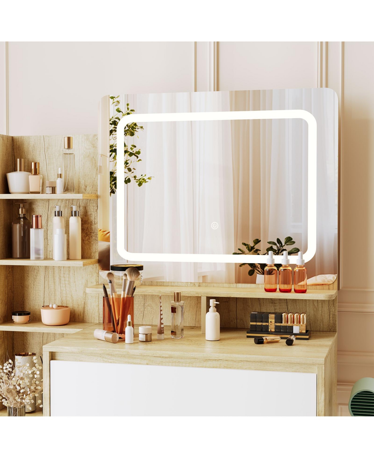 gaomon Lighted Vanity Mirror Desk with Adjustable Led Lights, 4 Drawers, Charging Station, Matching Stool and Large Hd Mirror, Makeup Vanity Desk