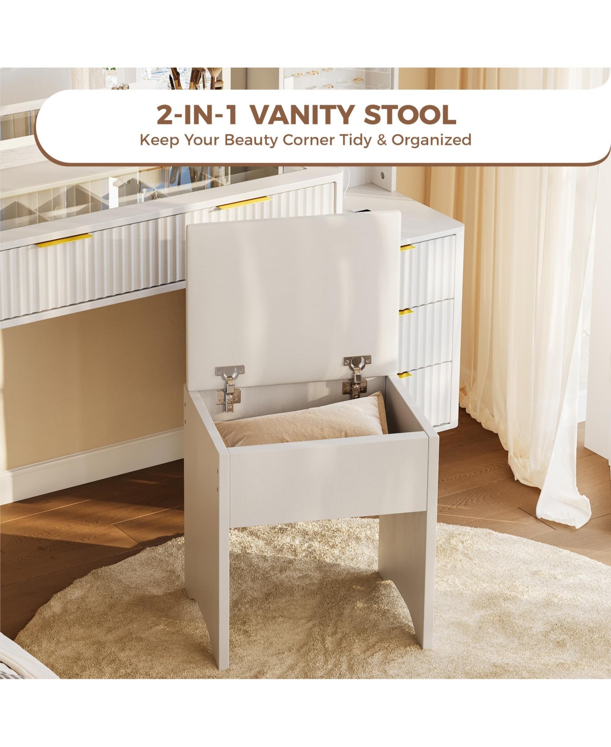 gaomon Vanity Desk with Lighted Mirror, Makeup Charging Station, Glass Top Dressing Table Cushioned Storage Stool for Bedroom