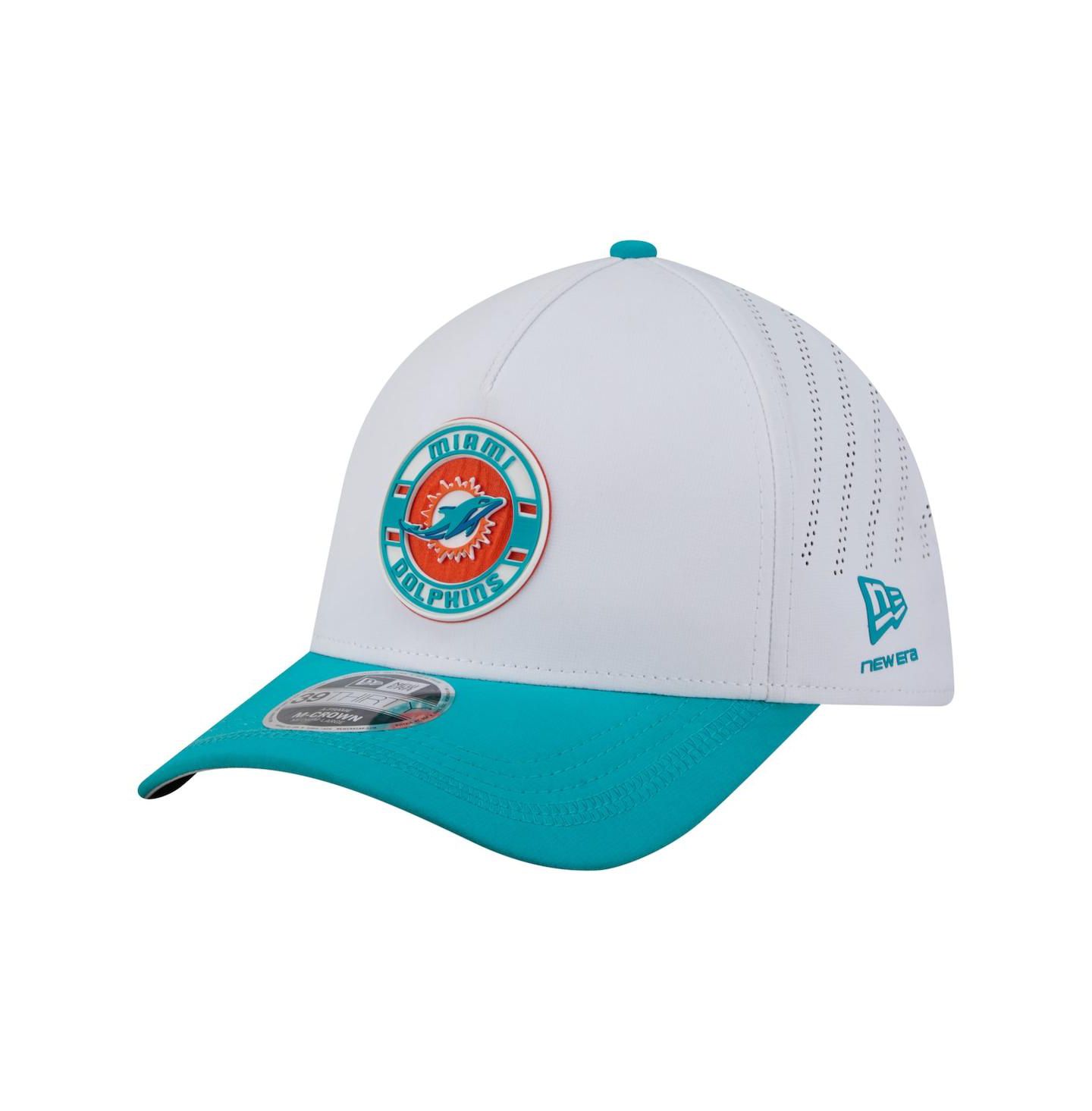 Мужская кепка New Era White/Aqua Miami Dolphins Patch 39THIRTY A-Frame M-Crown Perforated Flex Hat — фото 1