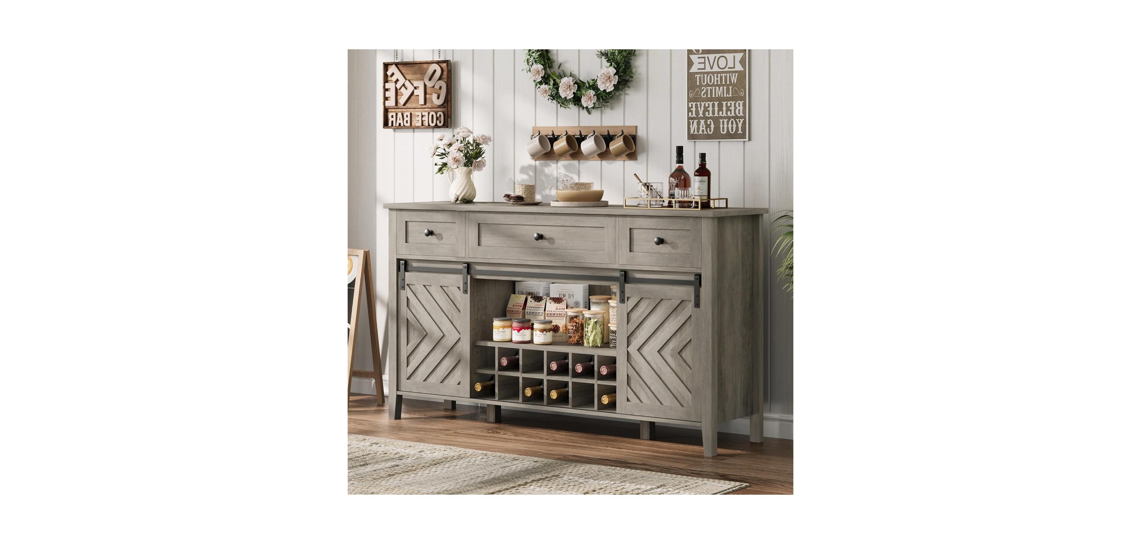 gaomon Farmhouse 59" Buffet Cabinet with Sliding Barn Door, 33.4" Tall Wood Rustic Sideboard with 3 Drawer