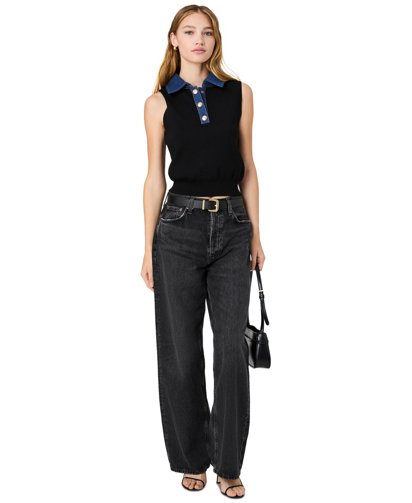 Женский свитер French Connection Maxine Knit Denim Collar Sleeveless, цвет: Чёрный / Джинсовый — фото 2