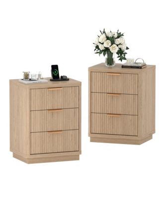 Set of 2 Fluted Nightstands with Charging Station, 3-Drawer Bedside Tables with 2 Outlets and 2 USB Ports, Metal Handles