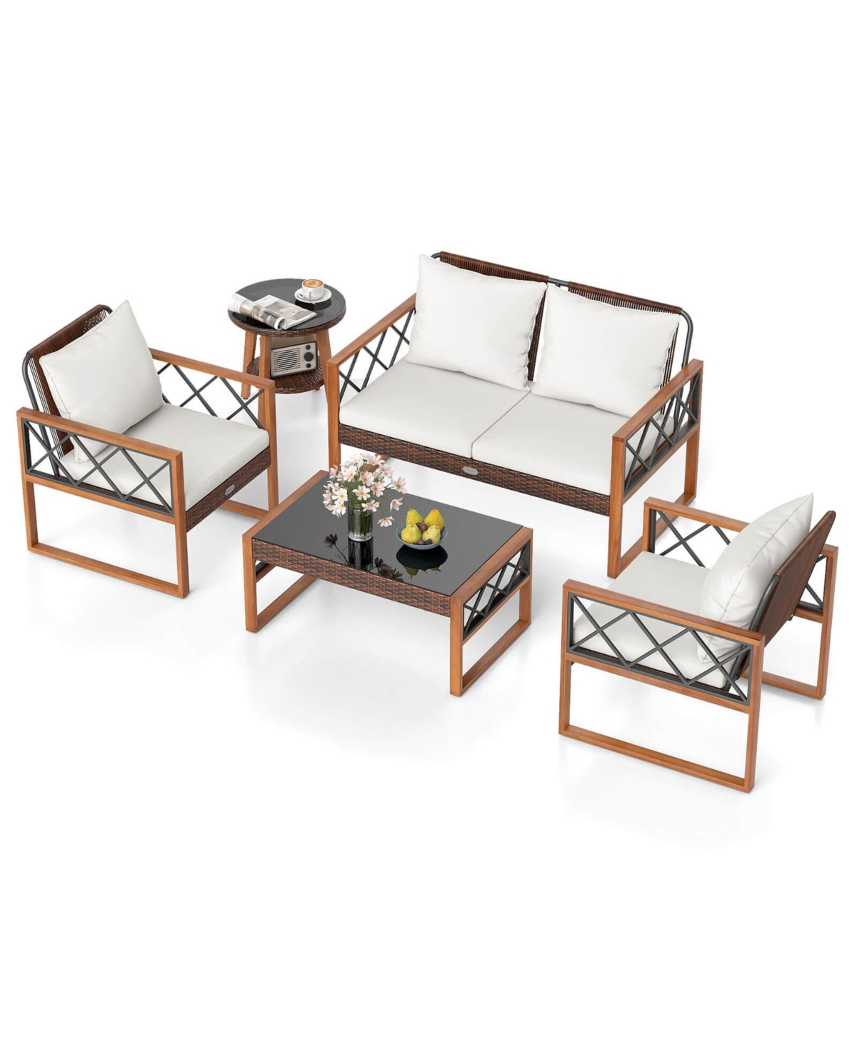 Costway 5 Pcs Pe Wicker Patio Furniture Set with Acacia Wood Frame Cushions for Deck Garden