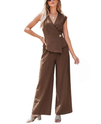 Women's Wrap V-Neck Sleeveless Top and Wide-Leg Pants Matching Set