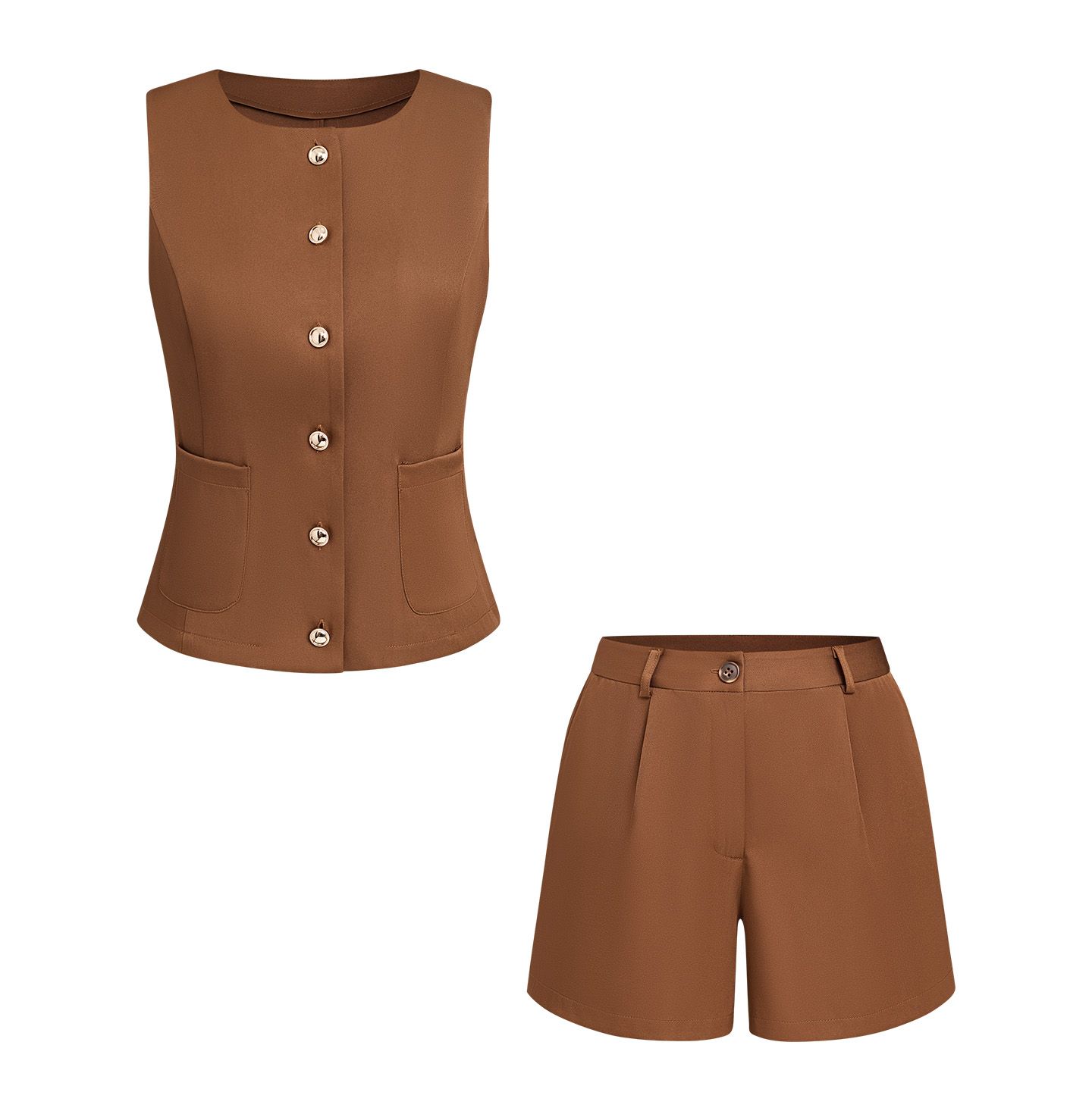 Женские комплекты Cupshe Button-Down Sleeveless Vest Top and High-Waisted Shorts Outfits, цвет: Коричневый — фото 4