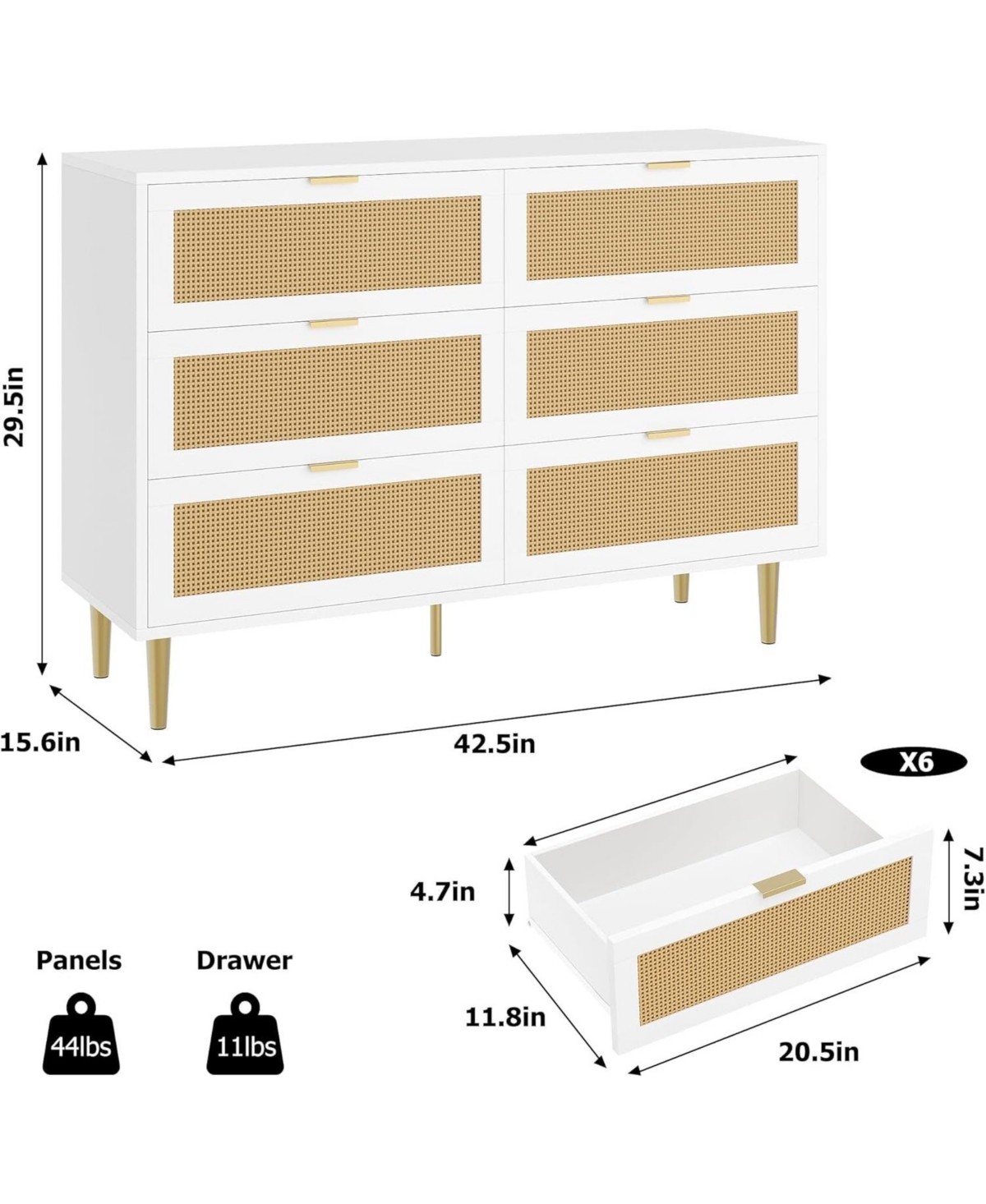 gaomon Rattan 6 Drawer Dresser with Gold Legs & Handles, Wide Wood Storage Cabinet