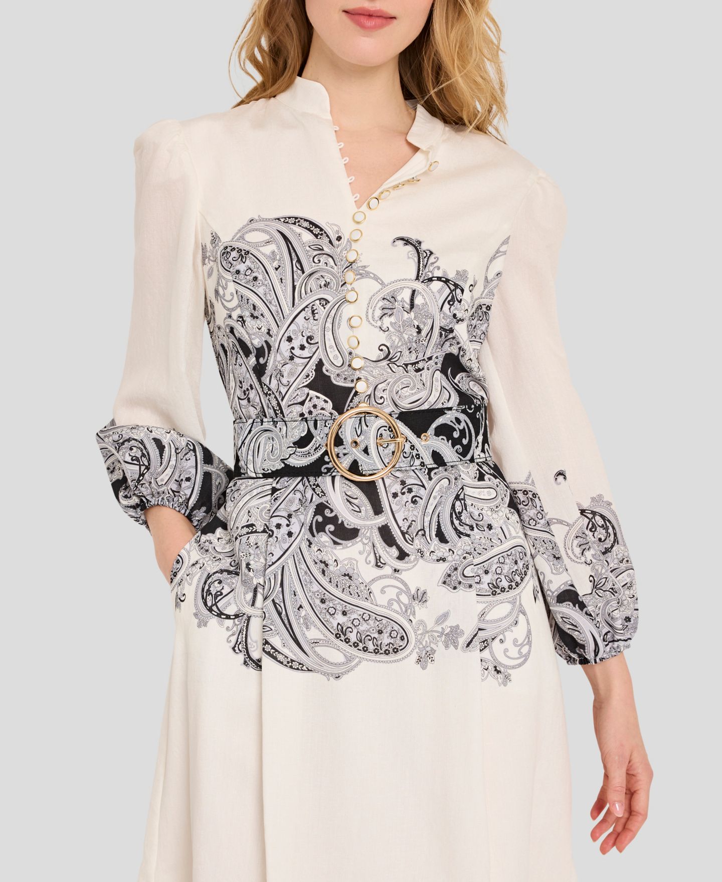 Женское платье Tahari ASL Border Print Buttoned, цвет: Слоновая кость чёрный — фото 4