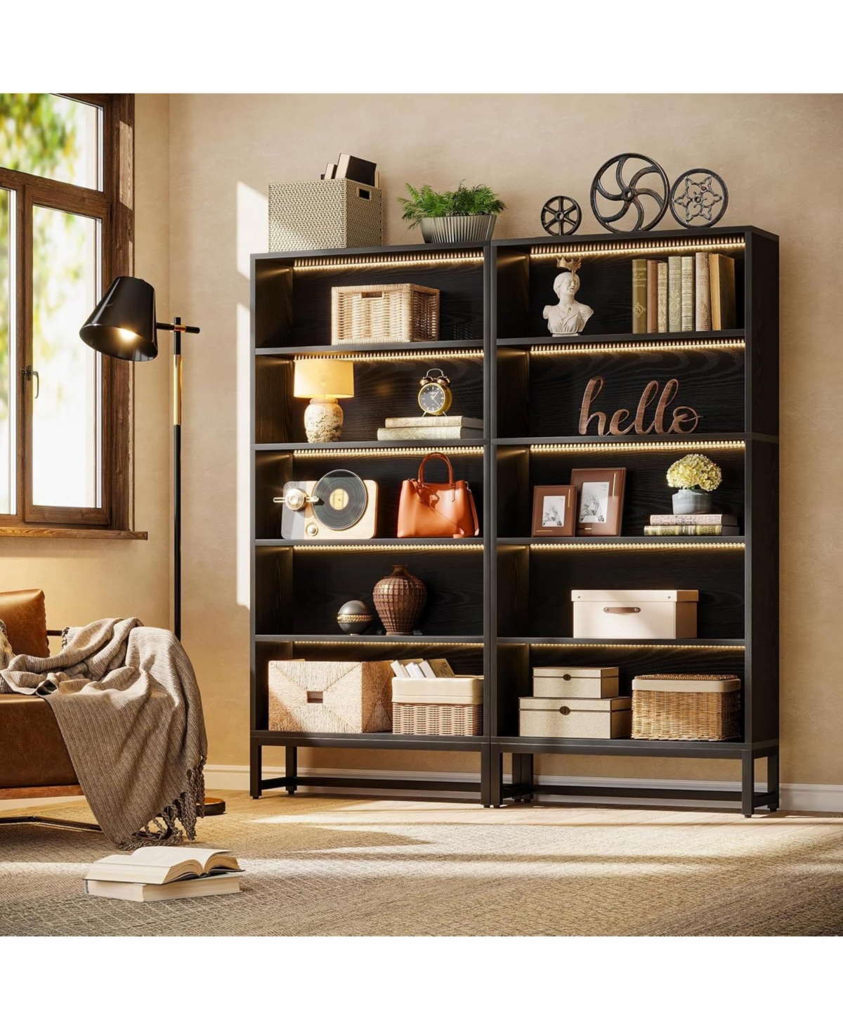 Slickblue 5-Tier Tall Bookcase with Led Lighting for Books, Decor, and Storage