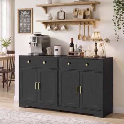 2-Drawer 4-Door Sideboard Buffet Cabinet, Wood Storage Credenza with Black Handles, Farmhouse Accent Cabinet for Kitchen, Living Room