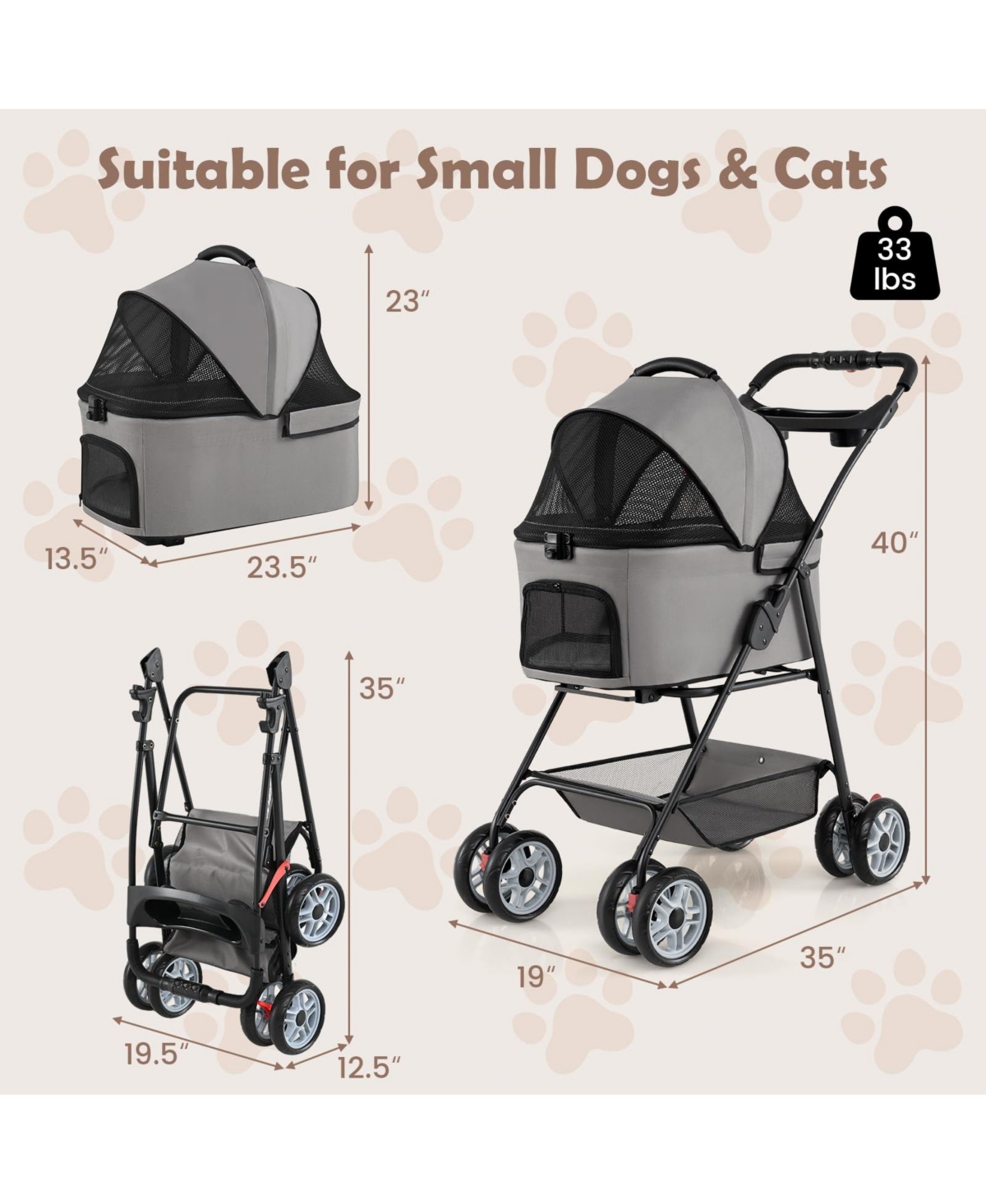 Cozito 3-in-1 Pet Stroller with Removable Carrier up to 33 lbs