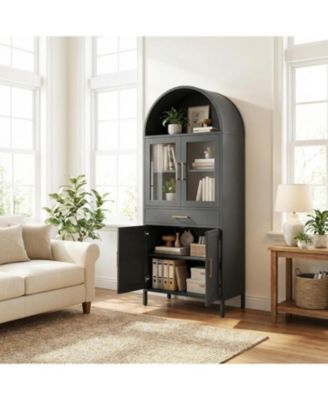 Steel Arched Bookshelf with Glass Door and Drawer, Durable Office Bookshelf for Living Room Office