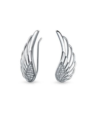 Spiritual Guardian Angel Wing Ear Pin Crawler Climber Earrings Pave CZ Accent .925 Sterling Silver