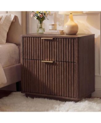Wave-patterned double-drawer bedside table with charging station, medieval style, curved silhouette, walnut color, suitable for bedroom